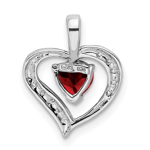 Sterling Silver Rhodium Heart Garnet and Diamond Heart Pendant