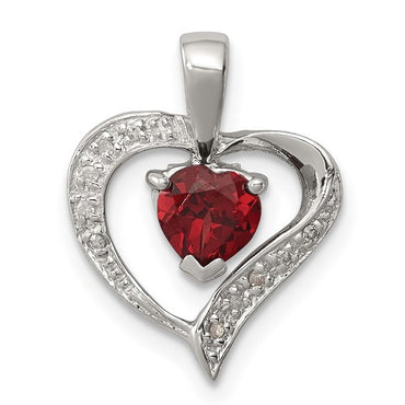 Sterling Silver Rhodium Heart Garnet and Diamond Heart Pendant