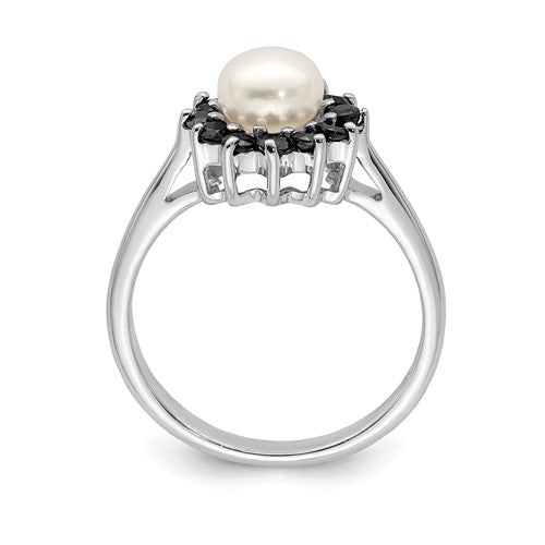Sterling Silver Rhod 6mm FW Cultured Button Pearl and Sapphire Ring
