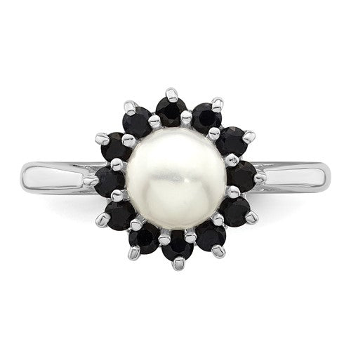 Sterling Silver Rhod 6mm FW Cultured Button Pearl and Sapphire Ring