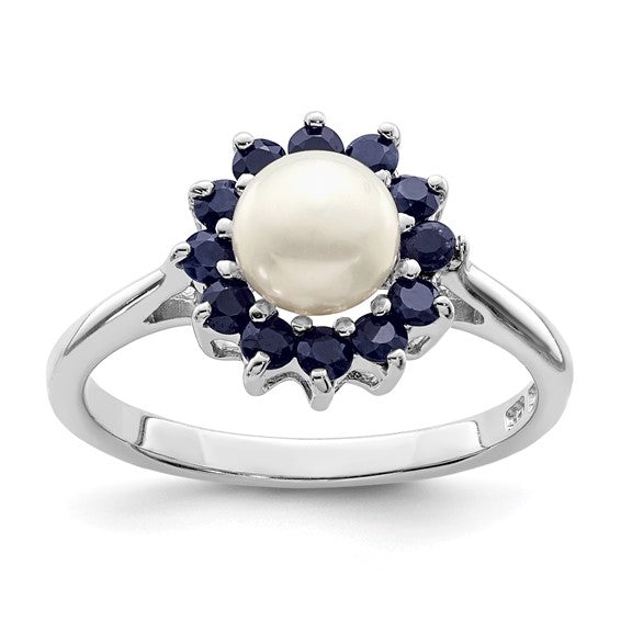 Sterling Silver Rhod 6mm FW Cultured Button Pearl and Sapphire Ring