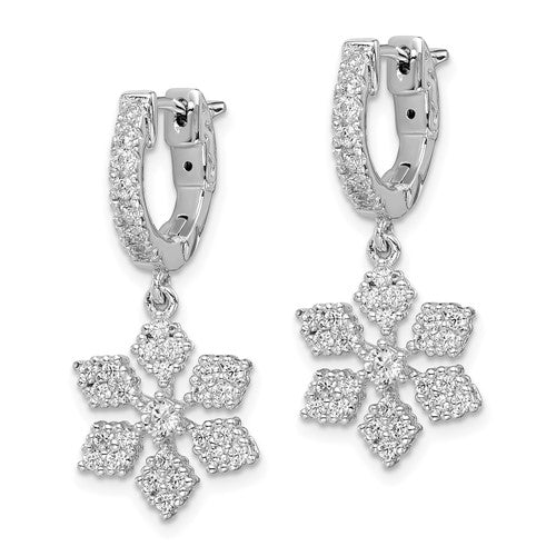 Sterling Shimmer Rhodium-plated Round Hinged Hoop with CZ Snowflake Dangle Earrings