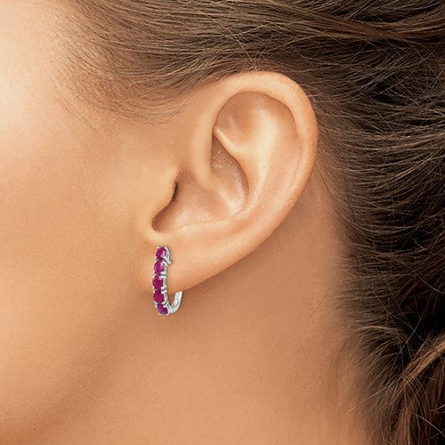 Sterling Silver Rhodium-plated Polished Ruby Hinged Hoop Earrings