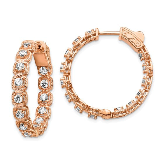 Sterling Shimmer Rose-tone Flash Gold-plated 2.5mm CZ In and Out Round Hinged Hoop Earrings