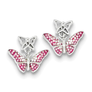 Sterling Silver Rhodium Pink Stellux Crystal Butterfly Post Earrings