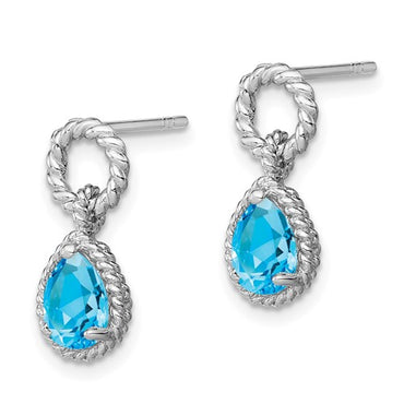 Sterling Silver Rhodium Plated Blue Topaz Pear Twisted Post Earrings