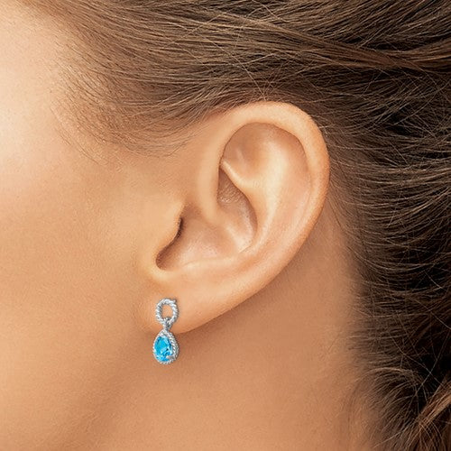 Sterling Silver Rhodium Plated Blue Topaz Pear Twisted Post Earrings