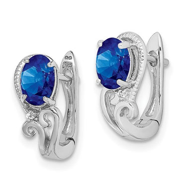 Sterling Silver Rhodium Plated Diamond and Sapphire Hinged Earrings