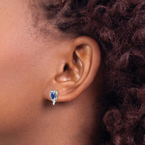 Sterling Silver Rhodium Plated Diamond and Sapphire Post Earrings