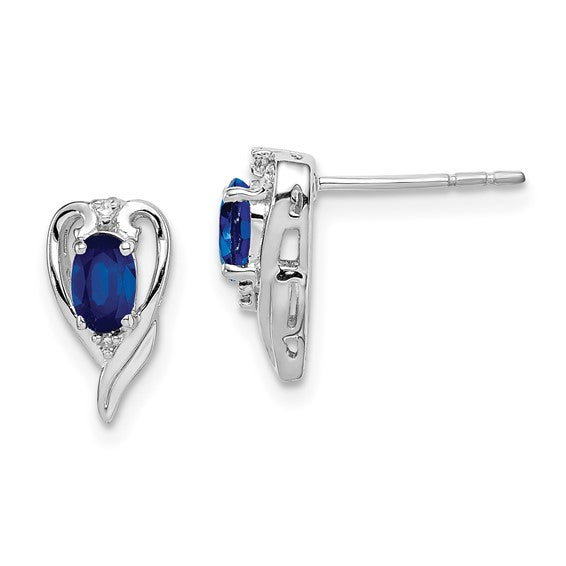 Sterling Silver Rhodium Plated Diamond and Sapphire Post Earrings