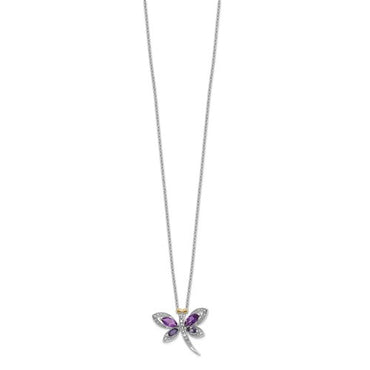 Sterling Silver with 14K Accent Rhodium-plated Amethyst and Iolite and Diamond Dragonfly 18 Inch Necklace with 2 Inch Extender