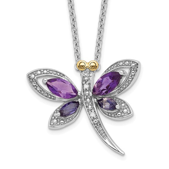 Sterling Silver with 14K Accent Rhodium-plated Amethyst and Iolite and Diamond Dragonfly 18 Inch Necklace with 2 Inch Extender