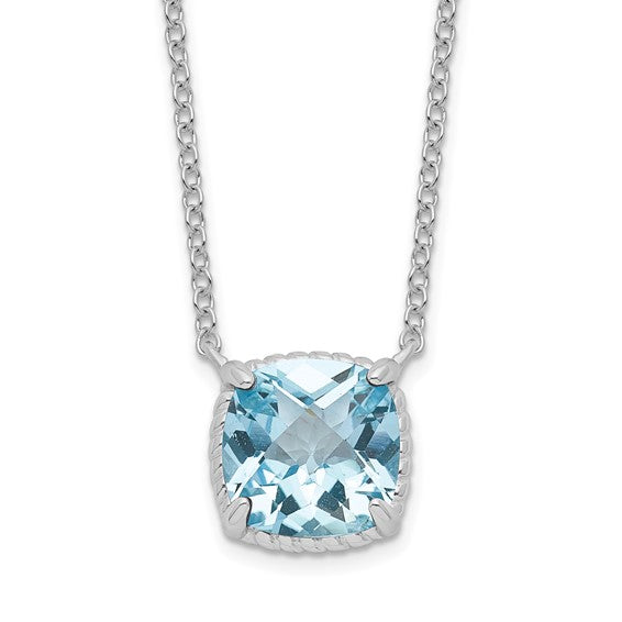 Sterling Silver Rhodium-plated Square Blue Topaz with 2 in ext. Necklace
