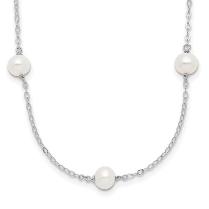 Sterling Silver Rh-plated (5-6mm) Fresh Water Cultured Pearl Necklace