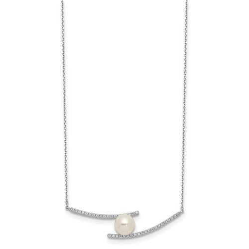 Sterling Silver Rhodium-plated 7-8mm White Button FWC Pearl CZ Necklace
