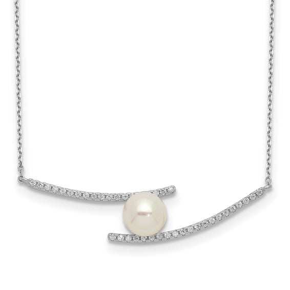 Sterling Silver Rhodium-plated 7-8mm White Button FWC Pearl CZ Necklace