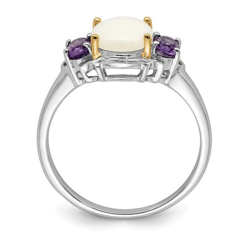 Sterling Silver with 14K Accent Rhodium-plated Opal and Amethyst Ring