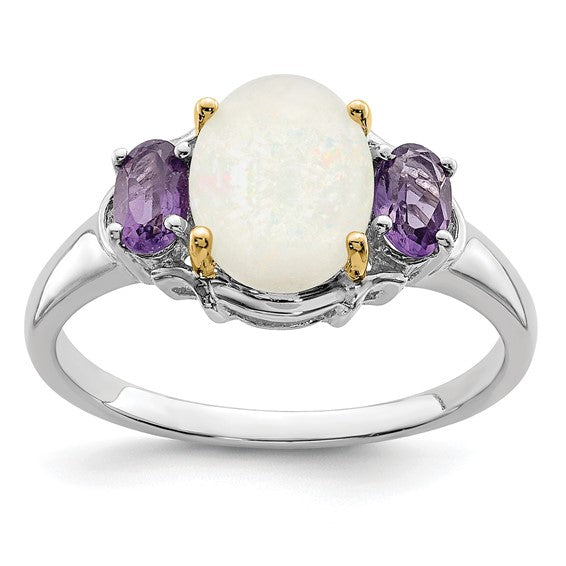 Sterling Silver with 14K Accent Rhodium-plated Opal and Amethyst Ring