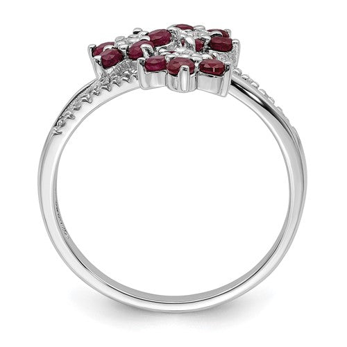 Sterling Silver Rhodium-plated 3 Flower Ruby and Diamond Ring