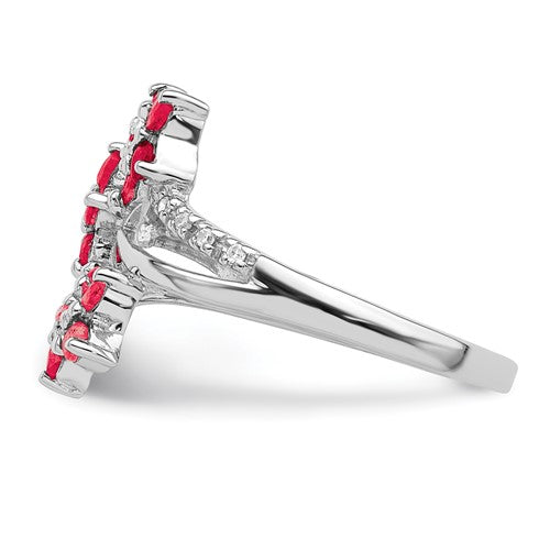 Sterling Silver Rhodium-plated 3 Flower Ruby and Diamond Ring