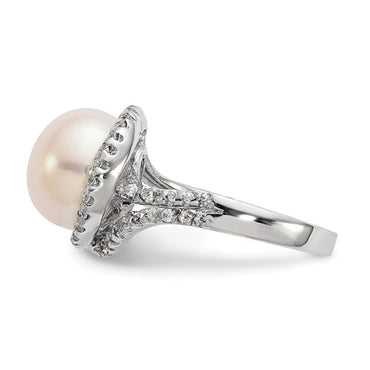 Sterling Silver White Button Pearl CZ Ring