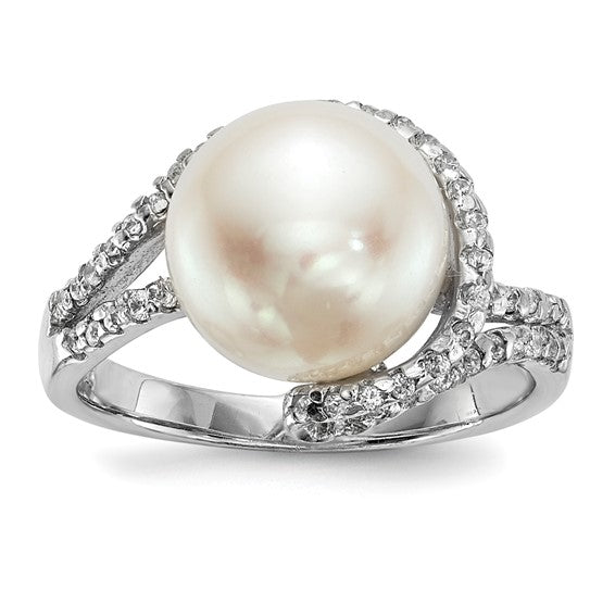 Sterling Silver White Button Pearl CZ Ring