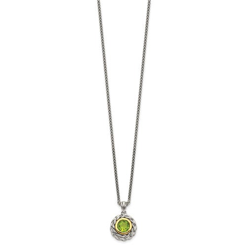 Sterling Silver with 14K Accent 18 Inch Antiqued Round Bezel Peridot Necklace