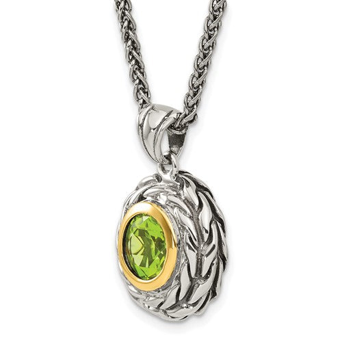 Sterling Silver with 14K Accent 18 Inch Antiqued Round Bezel Peridot Necklace