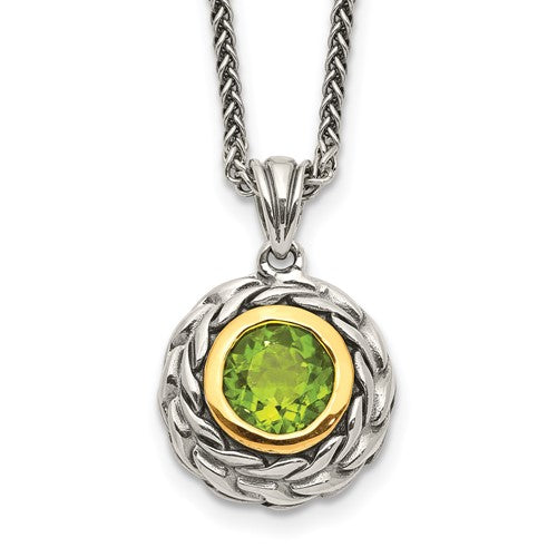 Sterling Silver with 14K Accent 18 Inch Antiqued Round Bezel Peridot Necklace