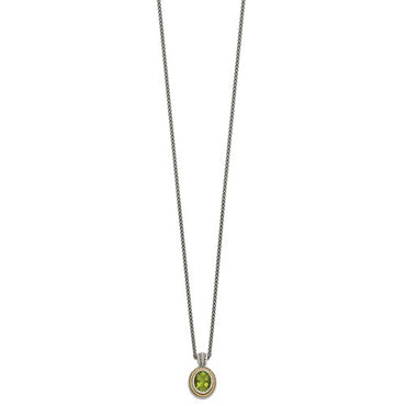 Sterling Silver with 14K Accent 18 Inch Antiqued Oval Bezel Peridot Necklace