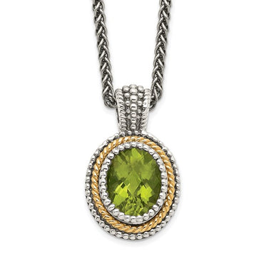 Sterling Silver with 14K Accent 18 Inch Antiqued Oval Bezel Peridot Necklace