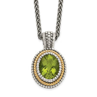 Sterling Silver with 14K Accent 18 Inch Antiqued Oval Bezel Peridot Necklace