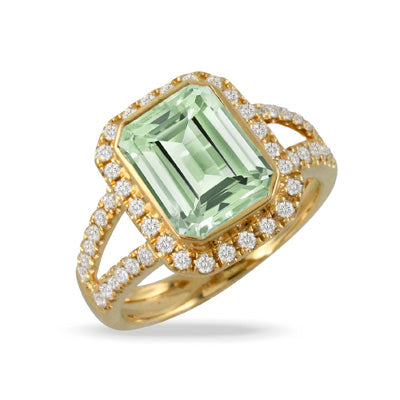 18K Yellow Gold Diamond Ring with Green Amethyst Center Stone