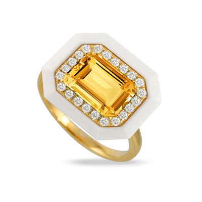 18K Yellow Gold Diamond Ring with White Agate Borders and Light Citrine Center