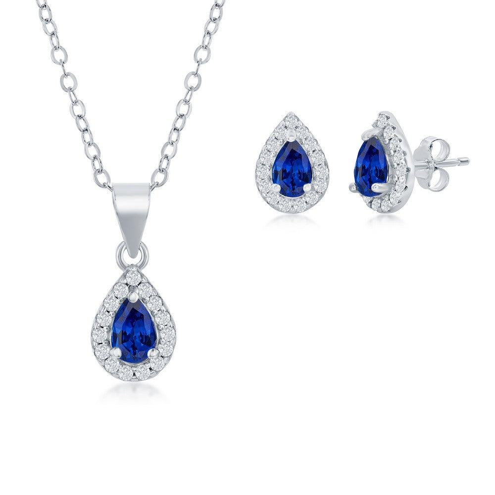 Sterling Silver 5x3mm Diffusion Sapphire Pear-Shaped Necklace & Earrings Set