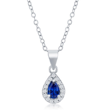 Sterling Silver 5x3mm Diffusion Sapphire Pear-Shaped Necklace & Earrings Set