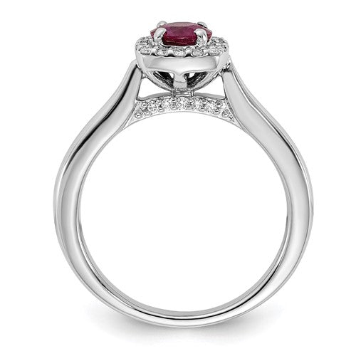 14K White Gold 1/6ct Diamond and 3/8ct Round Ruby Center Cushion Halo Ring