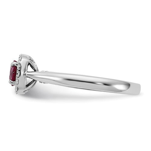 14K White Gold 1/6ct Diamond and 3/8ct Round Ruby Center Cushion Halo Ring