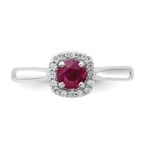 14K White Gold 1/6ct Diamond and 3/8ct Round Ruby Center Cushion Halo Ring