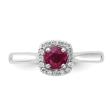 14K White Gold 1/6ct Diamond and 3/8ct Round Ruby Center Cushion Halo Ring