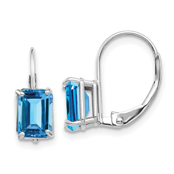 14k White Gold 7x5mm Emerald Cut Blue Topaz Earrings