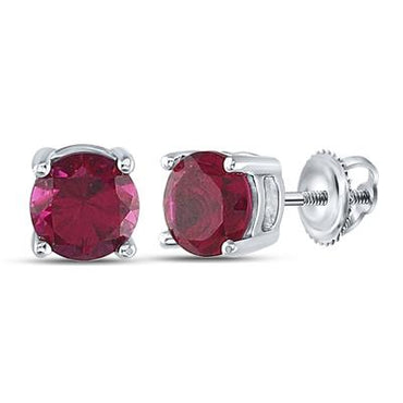 Sterling Silver Round Synthetic Ruby Stud Earrings 2 CTTW