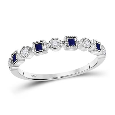 10K White Gold Princess Blue Sapphire Diamond Stackable Band Ring 1/8 CTTW